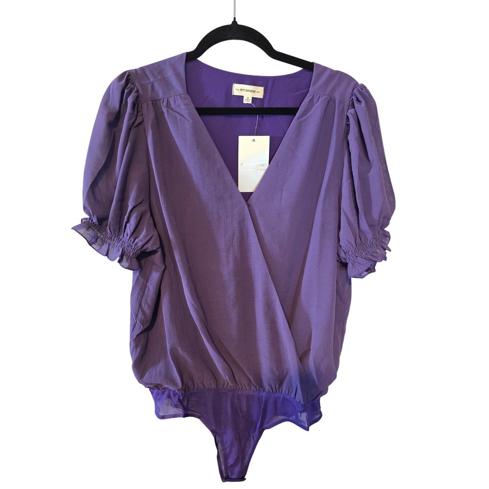 Ee:some Purple Surplice Puff Sleeve Bodysuit Smocked Cuffs Size Medium New